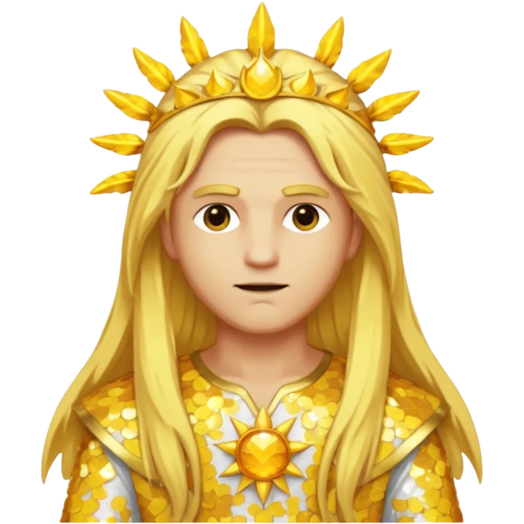 Sol, God of Sun from Gods and Goddesses with long golden blonde hair, yellow and white sequin outfit emoji