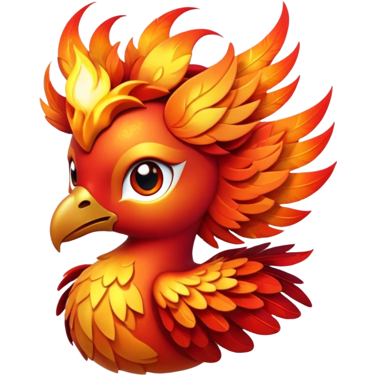 Cinematic Cute Mystical Fire Phoenix Portrait Emoji, Head tilted playfully and inquisitively, showcasing a vibrant, flame-kissed form with intricately detailed feathers in warm shades of red, orange, and shimmering gold, accented by delicate sparks and a gentle, inviting glow; rendered with lifelike detail and soft, radiant light, high shine, enchanting and spirited, styled with a touch of mythic whimsy, soft glowing outline, capturing the essence of a mischievous yet endearing phoenix poised to flutter playfully into your heart! emoji