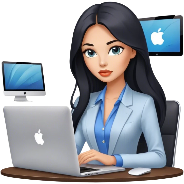 Glamours tanned very beautiful girl with pump peach lips and black straight smooth long hair, blue-grey eyes in beautiful clothing with MacBook in the office emoji