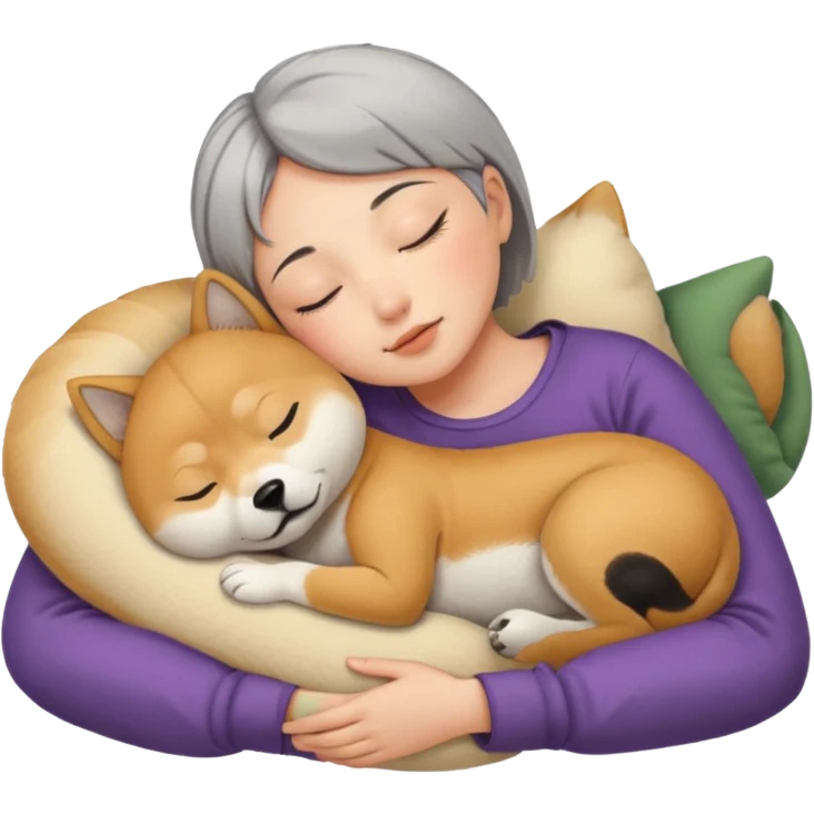 Create a short hair gray hair girl sleeping cuddling with a ton of shiba emoji