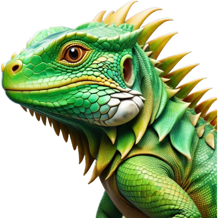 Cinematic Realistic Noble Iguana Portrait Emoji, Poised and commanding, with a robust, elongated body covered in intricately detailed, rough scales in vibrant shades of green with earthy brown accents, and a sharply defined head with piercing amber eyes, rendered with lifelike texture and natural light that accentuates every scale, high shine, intelligent and formidable, styled with an air of tropical authority, focused and attentive, soft glowing outline, capturing the essence of a watchful and confident iguana that appears ready to bask in the sun with effortless grace! emoji