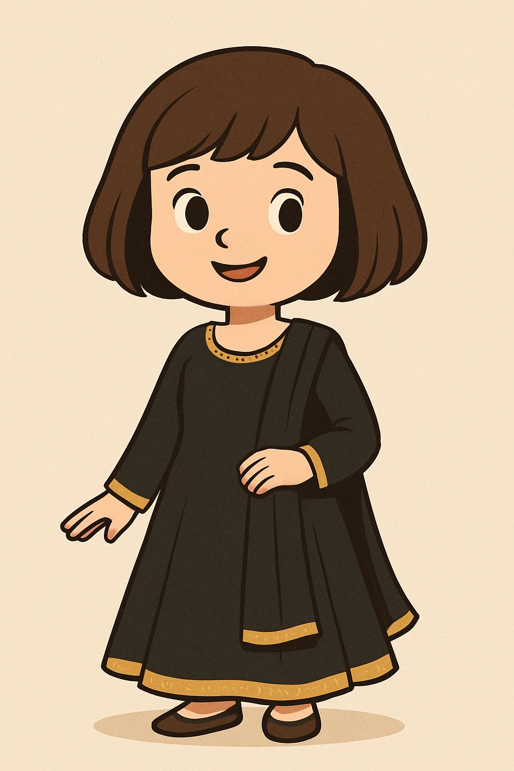 a girl wearing a traditional black Indian dress, bob cut brown hair, white skin, in a cartoon style emoji