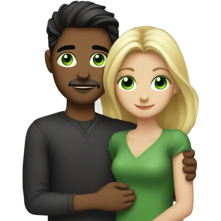 Blonde haired green eyed girl being hugged by a dark hair dark eyed guy with a little facial hair  emoji