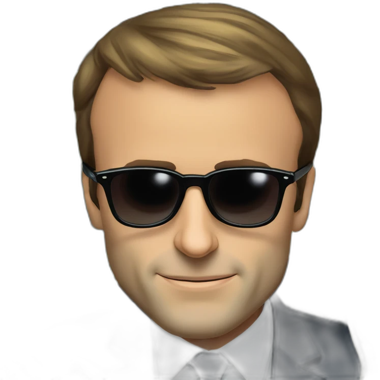 Emmanuel Macron wearing sunglasses, there is a big € on each eye of the glasses, cartoon money eyes emoji
