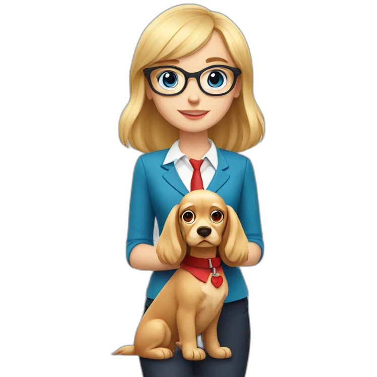 young blonde girl with blue eyes with bangs and a red suit and glasses with her beige cocker spaniel with a red collar emoji