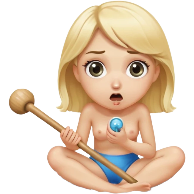 blond woman sitting on her knees with wide eyes, holding a wide skin-colored stick with a D-shaped knob, the knob has skin texture, water squirting from the flat side of the knob into her mouth, shocked face emoji