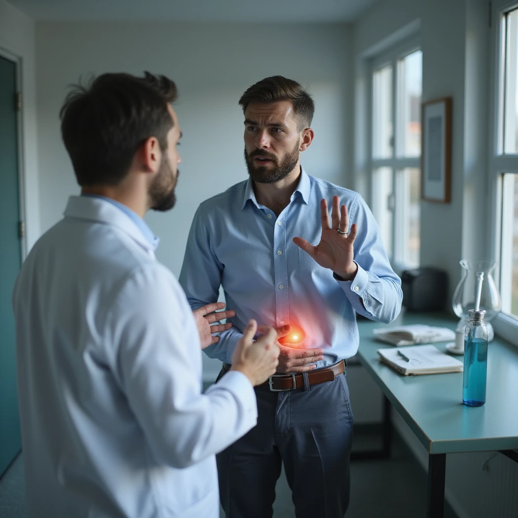 hyperrealistic 4K image of a man talking to a doctor, showing worrying symptoms like abdominal swelling, clinical environment, anxious expression emoji