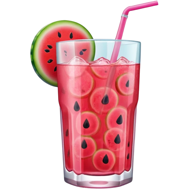 pink soft drink with a watermelon chunk on the rim of glass no straw emoji