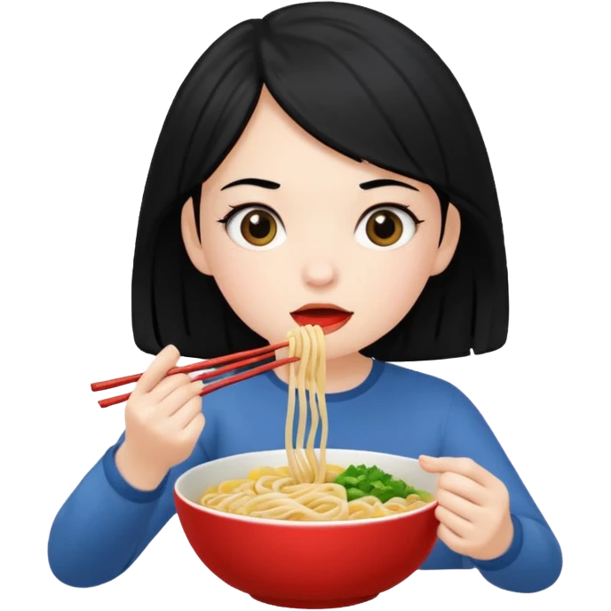 Pale girl with black hair eating noodle  emoji