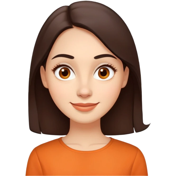 Warm enthusiastic woman with light skin, oval face, soft defined features, large expressive brown eyes, medium arched eyebrows, small nose, medium lips with relaxed smile, long dark brown hair, wearing an orange blouse emoji