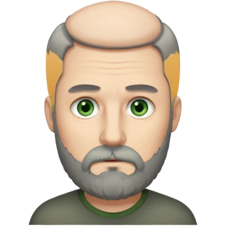 Greenish grey eyed adult man with tired look. Short dark grey hair, poor amount. He has a very long beard hanging. Pale skin. He's serious and looks tired. Make sure his hair and beard are both dark grey. emoji