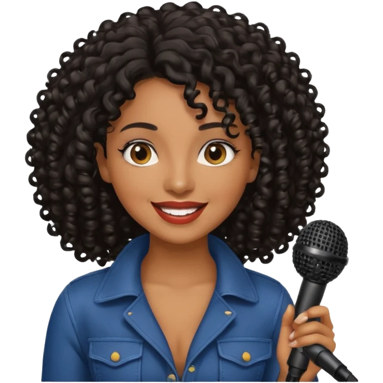 brown skin woman, curly black hair, singer, hold micro emoji