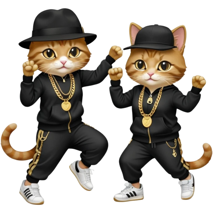 female cat dressed like Run DMC in tracksuit, fedora, Adidas shoes, lots of gold chains, rings, bracelets, earrings, dancing with a friend, no sunglasses emoji