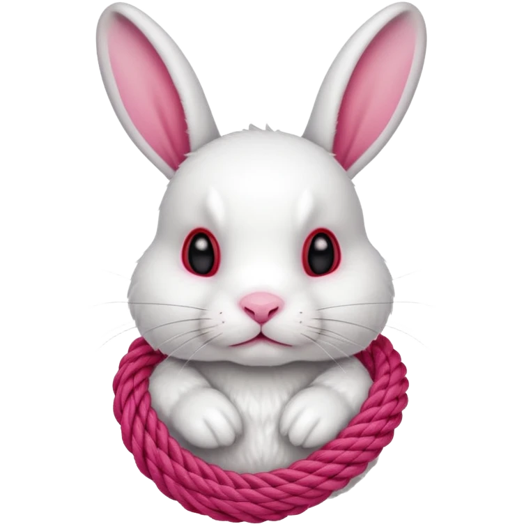 White realistic bunny with thick red ropes tightly wrapped around emoji