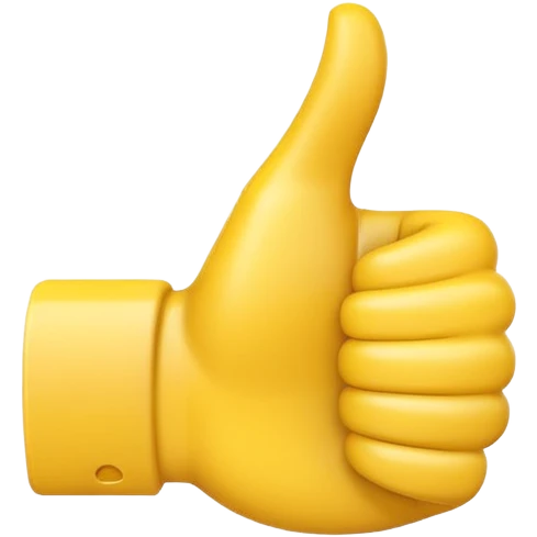 Apple-style 3D illustration of a single yellow emoji hand giving a thumbs up gesture, glossy and rounded, centered on a clean white background, soft shadow underneath, isolated and minimal design emoji