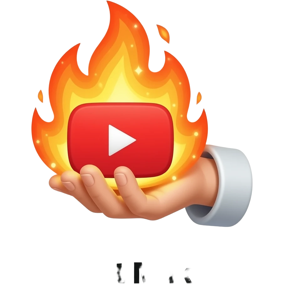 A wizard’s hand holding a glowing, magical YouTube logo like a fire spell. Text below: 'Do you want Content Maker?'. High fantasy, mystical particles, clean white background, sticker style emoji