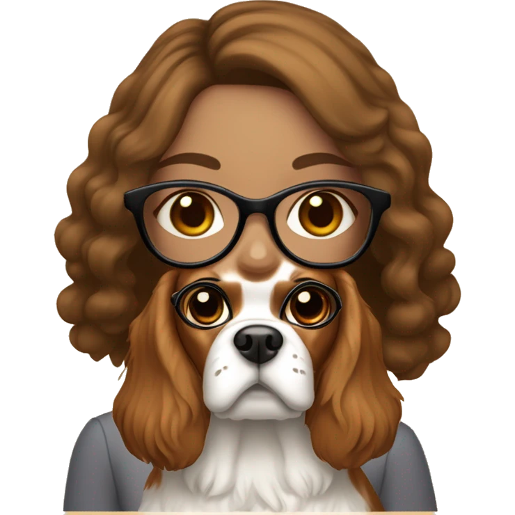 A brown haired white skin girl wearing glasses with a king charles spaniel dog emoji