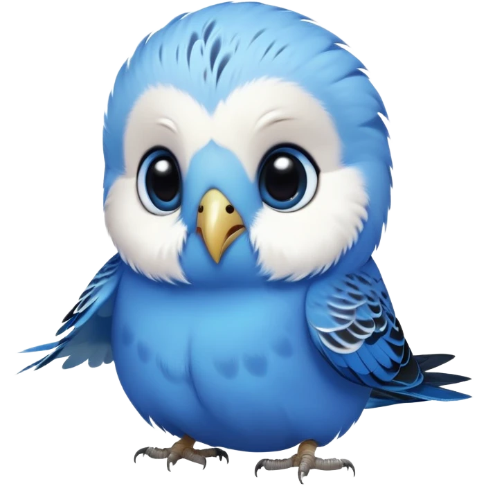 cinematic-cute-blue-budgie-portrait-emoji,-head-tilted-playfully-and-inquisitively,-featuring-a-brilliant-blue-feathered-fur-and white and black feathered face-with-a-natural-sheen,-round,-sparkling-dark-eyes-filled-with-curiosity,-simplified-yet-irresistibly-adorable emoji