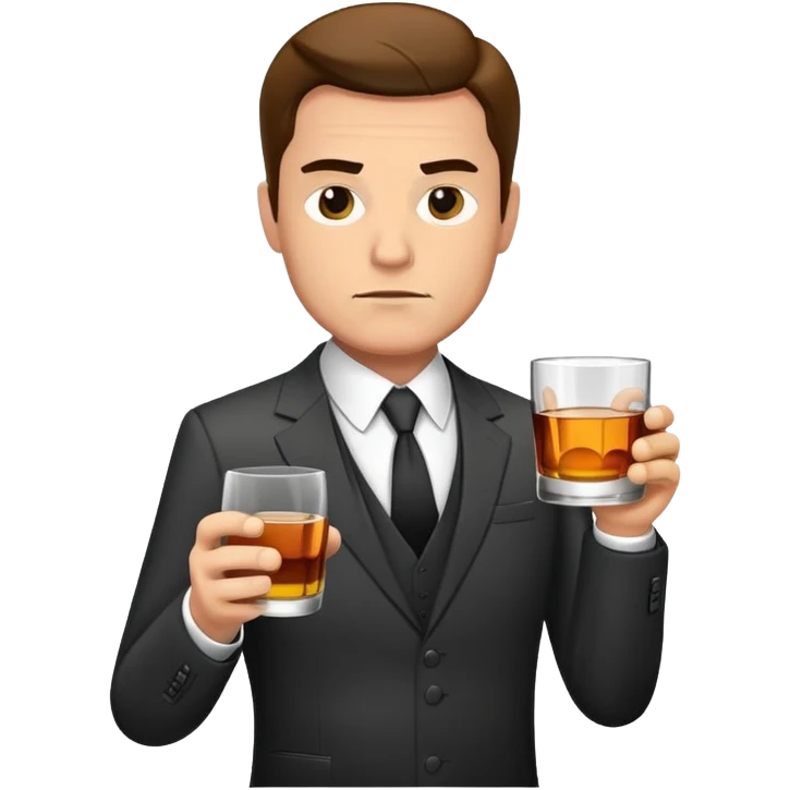 businessman in suit holding a glass of whiskey, looking tired emoji