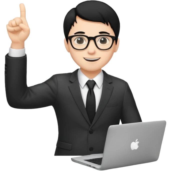 un estudiante con lentes y su laptop CON TERNO Y CABELLO NEGRO,  LEVANTANDO LAS MANOS DANDO LIKE emoji