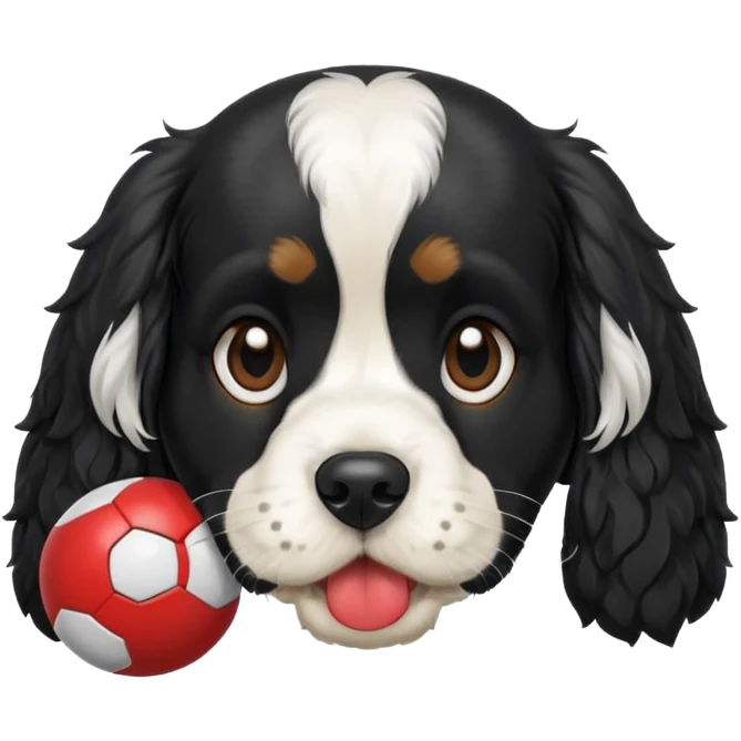 Собака породы черно-белый русский кокер спаниель с покеболом в зубах emoji