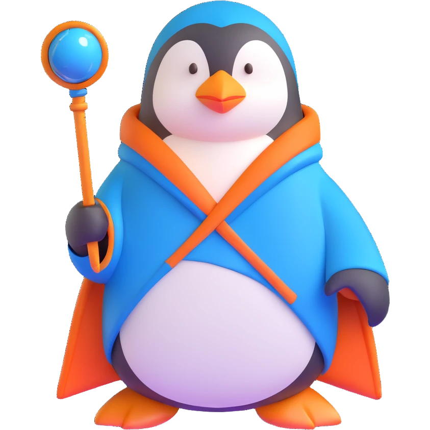 penguin wizard with blue robe and magic staff emoji