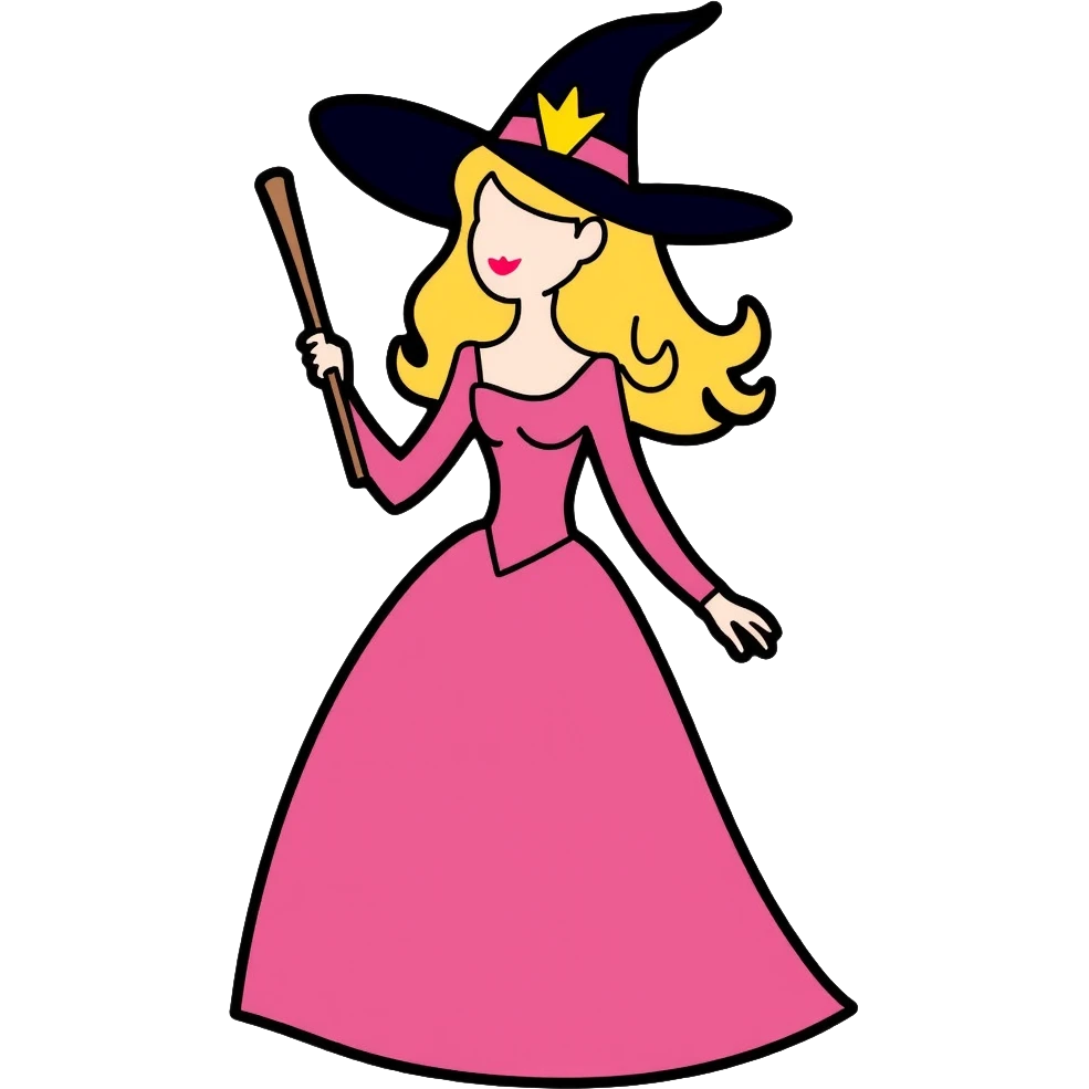 Glinda from Wicked musical, blonde witch with tiara, pink dress and magic wand emoji