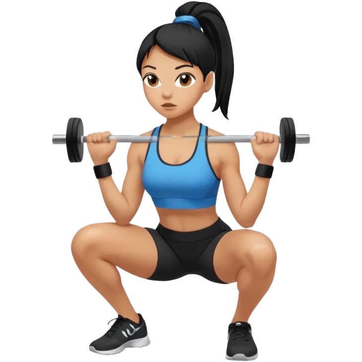 Women with long black ponytail doing a squat with no weights emoji