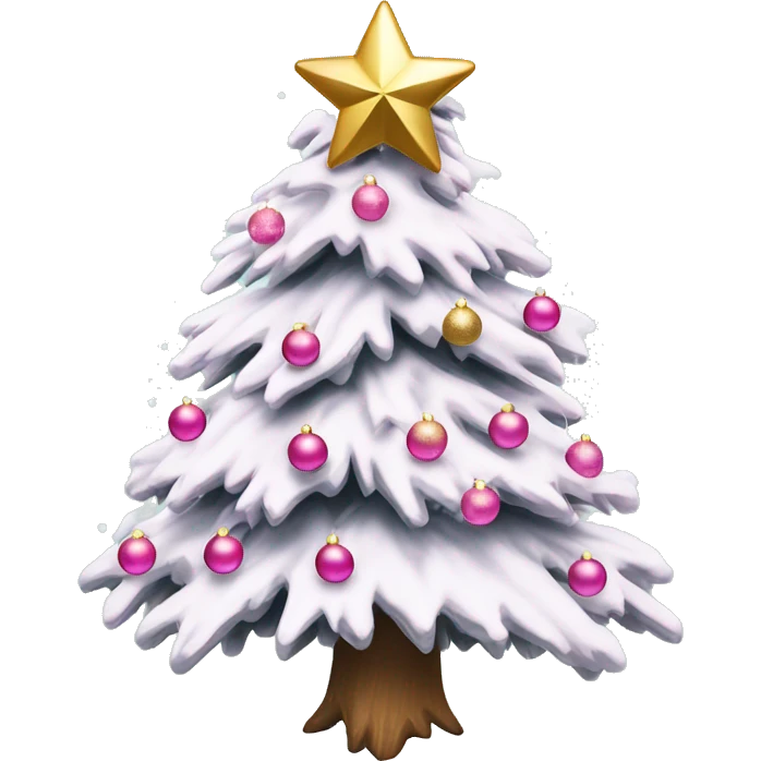 Snow covered pine Christmas tree with pink ornaments and snowflake star gold bows emoji