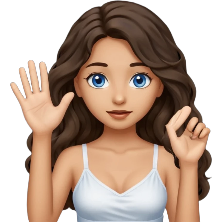 Girl with olive skin, blue eyes, brown dark insanely wavy long hair, white camisole, raising hand emoji