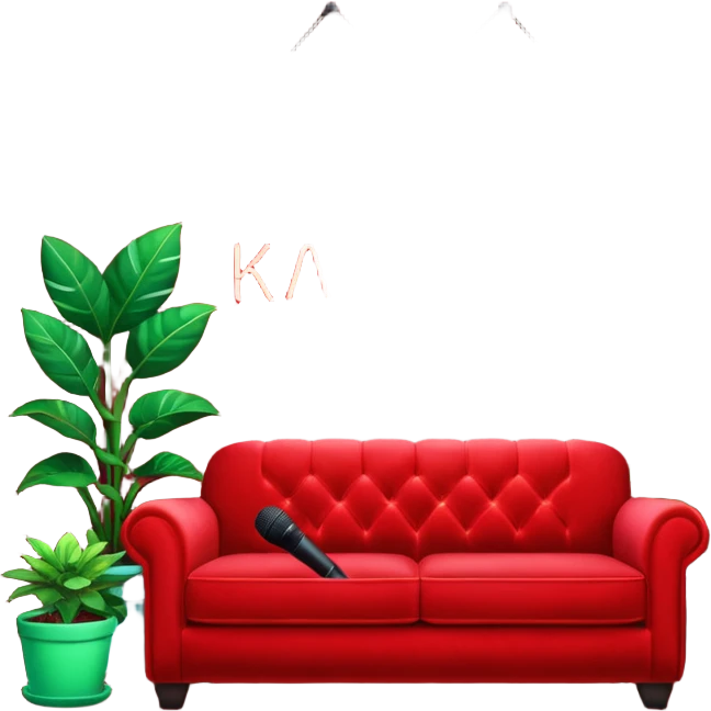 1600x400 image with front view of a red velvet couch with a mic in front, houseplants in the background, and a neon sign directly above the couch that says "karaoke" emoji