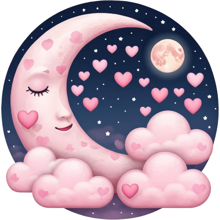 Pink Moon Crescent With Clouds And Hearts emoji