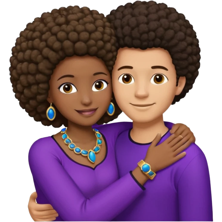Tan male with short straight, light,brown hair, smiling and hugging a darkblack African girl with Afro in purple clothes with blue jewelry emoji