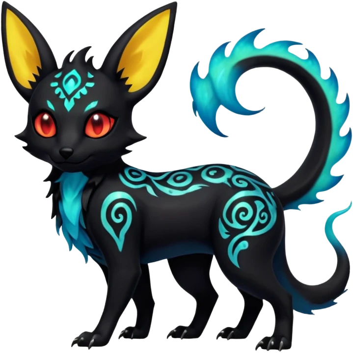 Shiny Fiery Dark Ugly Evil Glowing Eldritch Horror Cool Edgy Badass Emo Glorious Demonic Batty Punky Aural Iridescent Fluorescent Bioluminescent Umbreon-Amaura-Salandit-Litten-Flareon-Fakémon-fusion (full body) with intricate pattern markings emoji
