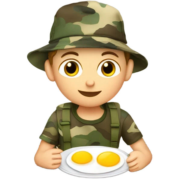 military boy in camouflage hat eating eggs and bacon  emoji