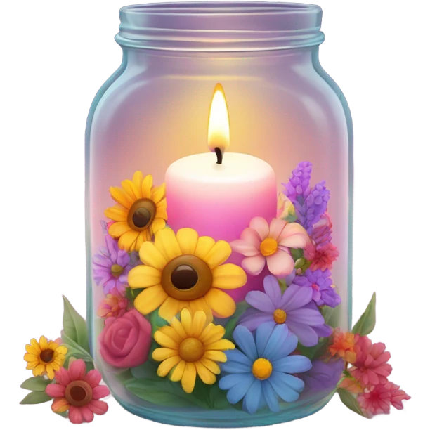 candle burning in a glass jar with flowers and halo emoji