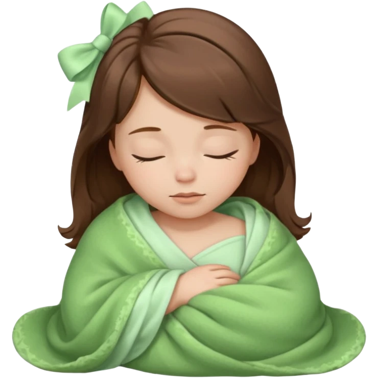 Sleeping child with brown hair wrapped in a light green blanket with a white bow over the blanket emoji