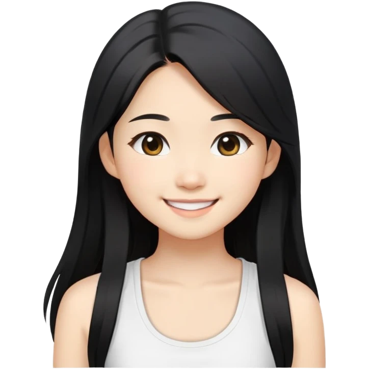 Japanese semi korean girl, light skin long black hair, white tanktop and black outer, and smile emoji