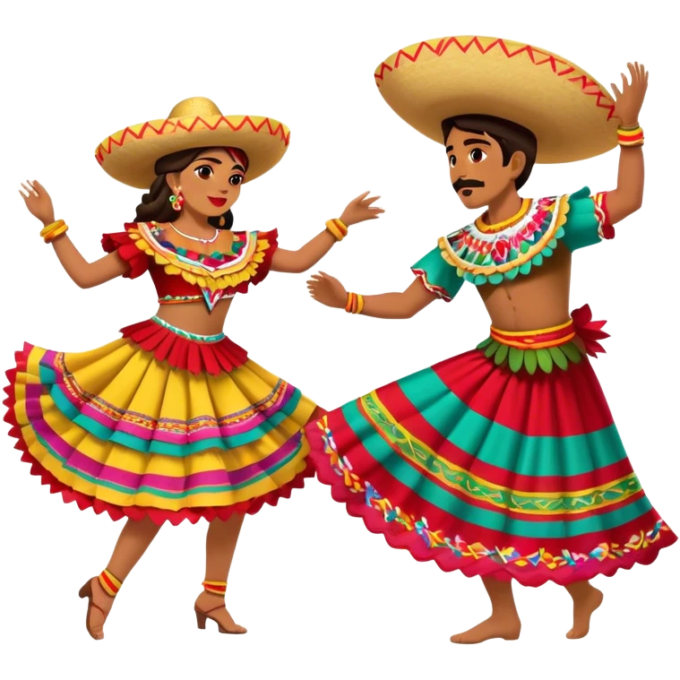 Cinematic Realistic scene of two performers dancing the Jarabe Tapatío, dressed in colorful traditional Mexican costumes with intricate embroidery, captured in energetic, festive motion with vibrant, celebratory lighting emoji