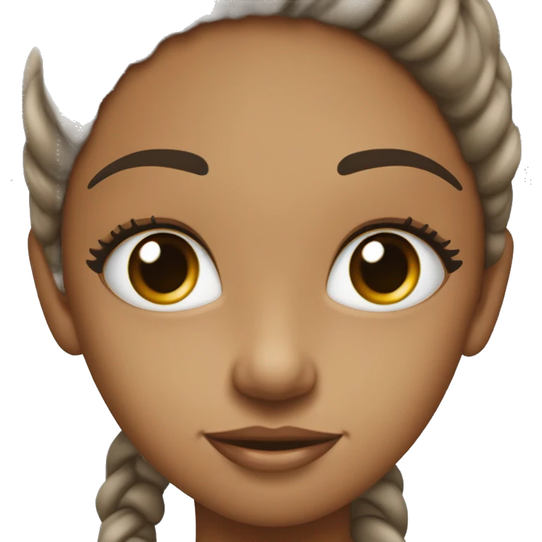 Niña muy blanca ojos grandes cafe oscuro y pestañas muy largas, risa amable. Pelo largo liso café oscuro con un moño grande y fleco enfrente. emoji