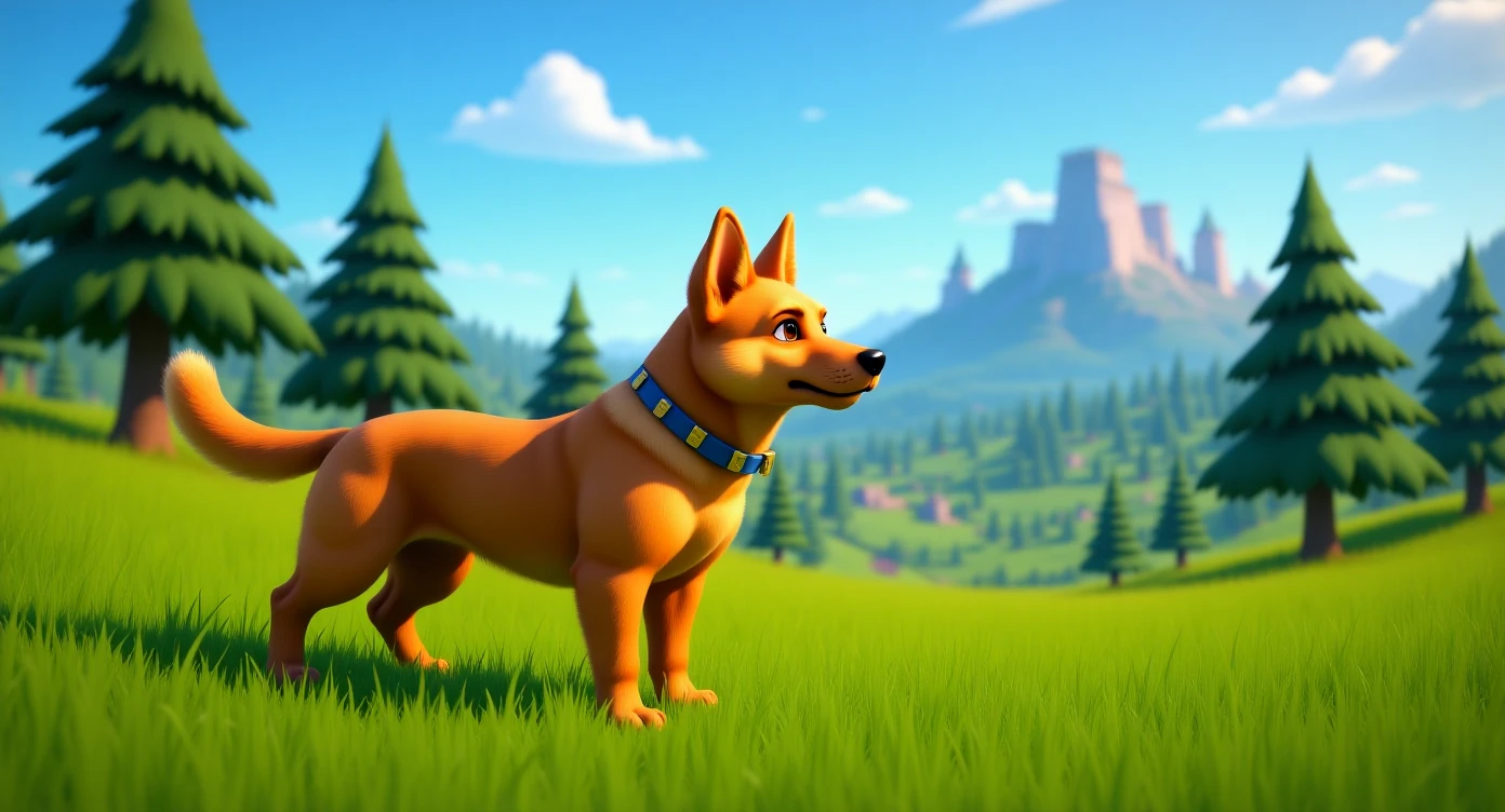 Cinematic still of a dog in fortnite game world emoji