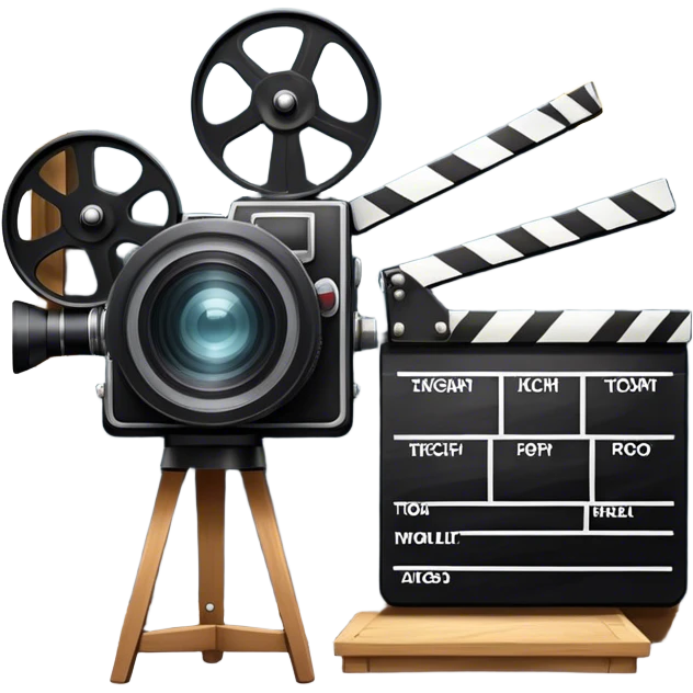 Icon for Acting in Theater and Film: a stage with a spotlight, a film camera, a clapperboard and a dramatic mask. The design should represent both theatrical performance and cinematic art. Transparent background. emoji
