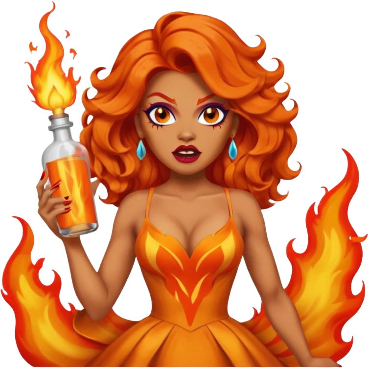 A fierce drag queen emoji with bright orange wavy hair styled with a bottle on top, dramatic makeup, expressive angry face, and an orange flame-themed dress. emoji