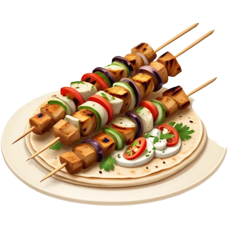 cinematic-realistic-souvlaki-dish-emoji,-showcasing-skewered,-grilled-chicken-with-mediterranean-spices-rendered-with-dynamic-textures-and-warm,-appetizing-lighting on pita bread emoji