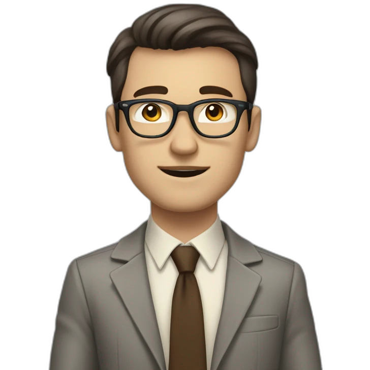 Full height Actively gesturing with hands Pale skinned fit man with dark brown hair in gray jacket, beige office shirt, brown tie, brown pants and vintage glasses. emoji
