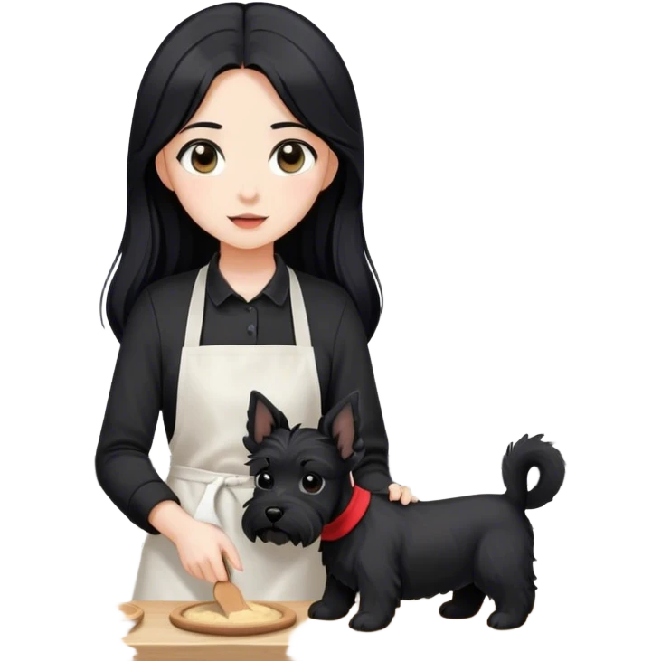 pale girl with long black hair wearing black long sleeve tshirt wearing apron and baking holding black floppy ear schnauzer no tail emoji