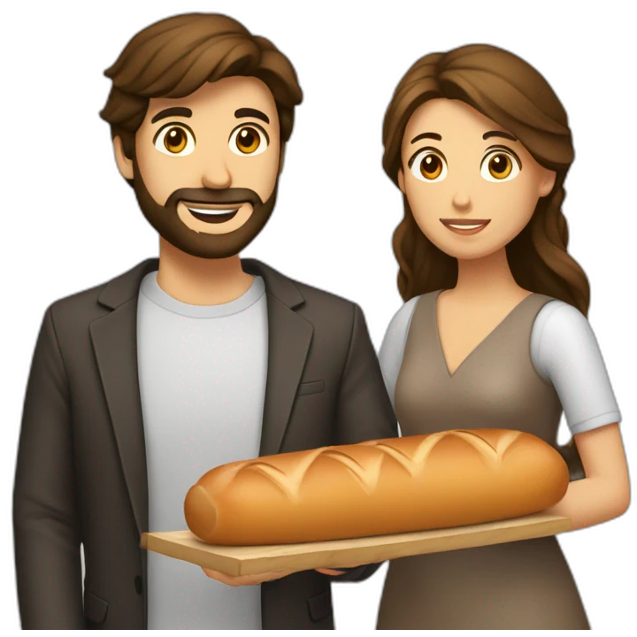 Homme brun avec barbe qui propose baguette à une femme brune emoji