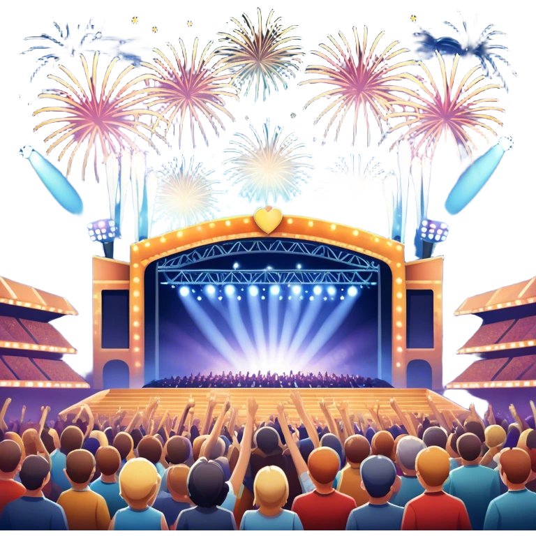 An icon showing a stadium stage with a concert in full swing, bright stage lights illuminating the performers, and fireworks bursting in the sky. The excitement of the crowd is palpable, symbolizing a love for live music and unforgettable shows. transparent background. emoji