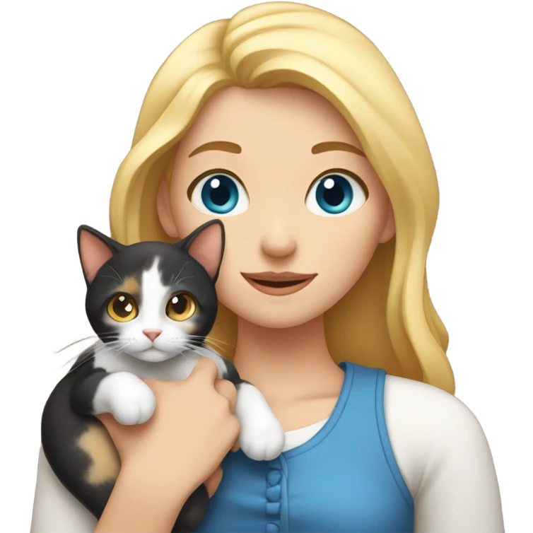 Blue eyes blonde girl, holding a calico cat emoji