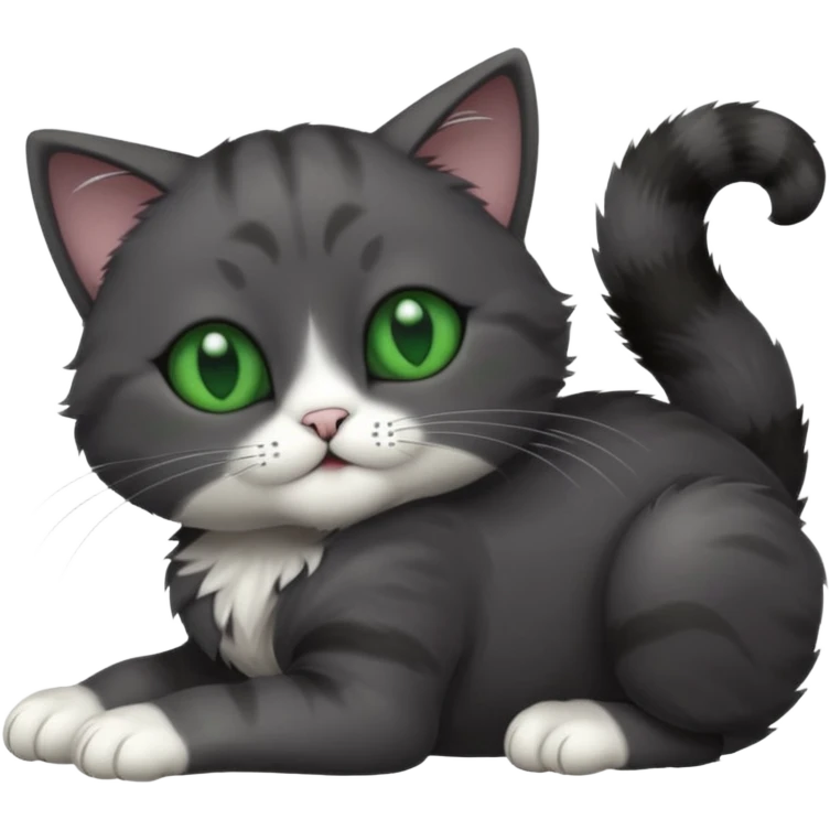 solid dark grey cat with green eyes, completely solid grey face, white toes/paws playing rolling upside down emoji